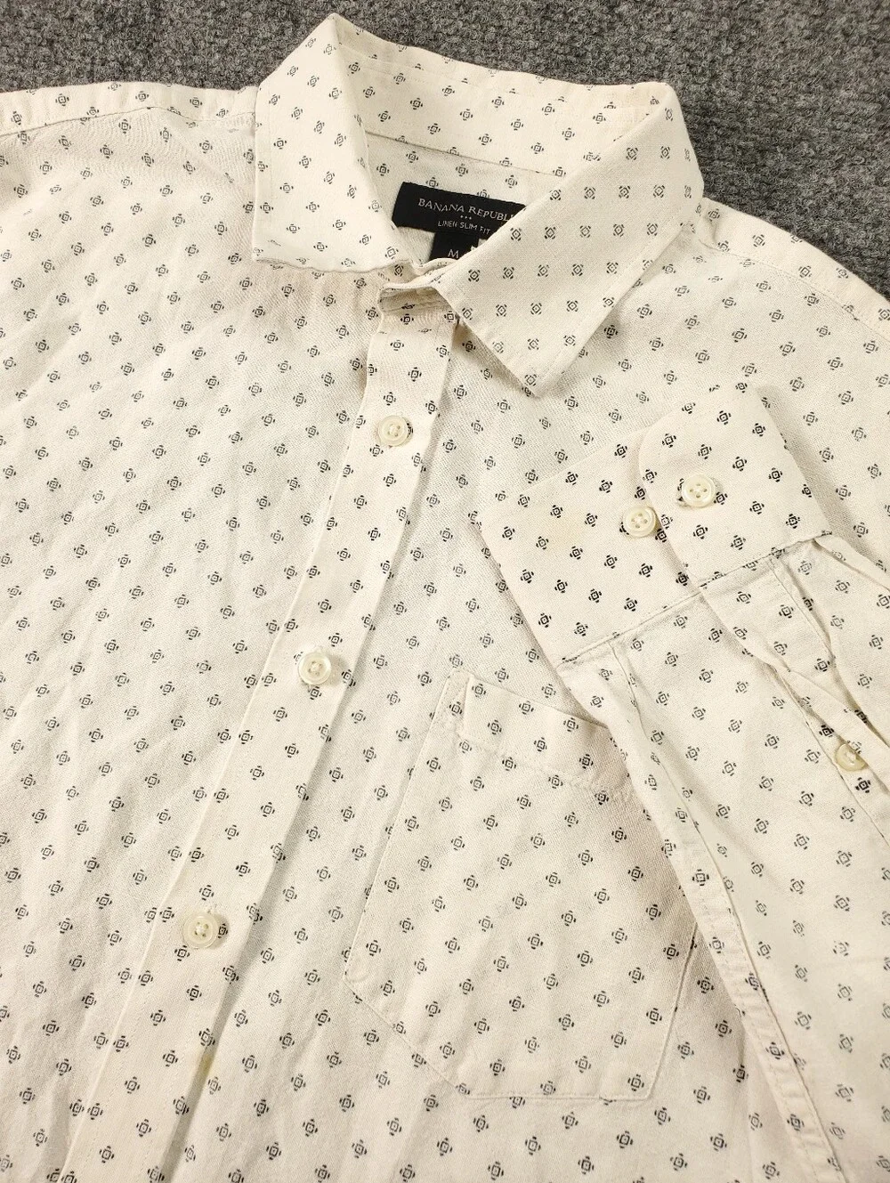 Banana Republic Linen Shirt Medium Long Sleeve Roll Tab Safari Cream Geometric